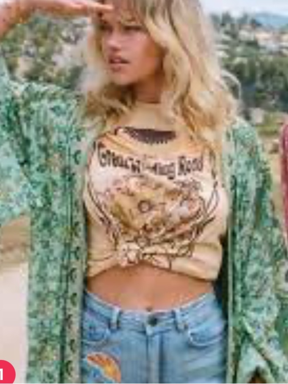 Spell Beige Graphic Crop Tee with Green Kimono Layer